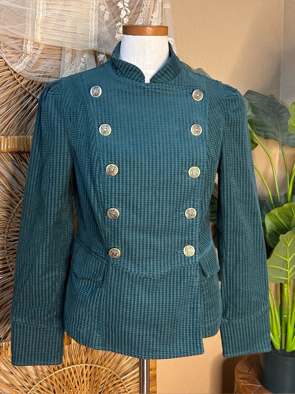 Cabi green double breasted jacket with gold buttons classic size medium